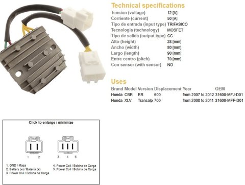 DZE REGULATOR NAPIĘCIA HONDA CBR 600RR '07-'12; XL 700V TRANSALP '08-'11 (50A) (31600-MFJ-D01) DZE REGULATOR NAPIĘCIA HONDA CBR 600RR '07-'12; XL 700V TRANSALP '08-'11 (50A) (31600-MFJ-D01)