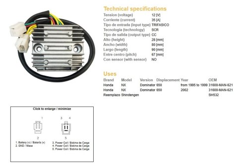 DZE REGULATOR NAPIĘCIA HONDA NX 650 DOMINATOR '95-'99; '02 (31600-MAN-621) (35A) DZE REGULATOR NAPIĘCIA HONDA NX 650 DOMINATOR '95-'99; '02 (31600-MAN-621) (35A)