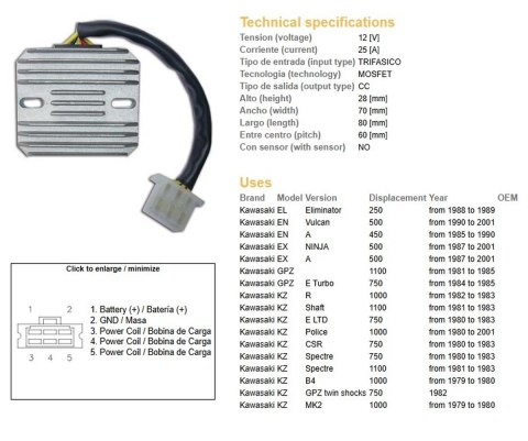DZE REGULATOR NAPIĘCIA KAWASAKI EL 250 '88-'89; EN 450A '85-'90; EX 500A '87-'01; GPZ 750E '84-'85; GPZ 1100 '81-'85; KZ 750LTD DZE REGULATOR NAPIĘCIA KAWASAKI EL 250 '88-'89; EN 450A '85-'90; EX 500A '87-'01; GPZ 750E '84-'85; GPZ 1100 '81-'85; KZ 750LTD