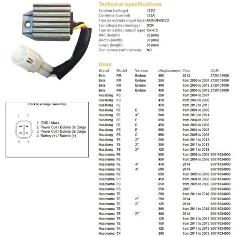 DZE REGULATOR NAPIĘCIA KTM EXC 125/200/250/300/400/525/530 '98-'13; XC-W 250/450/525 '07-'08; HUSQVARNA TE/TX/FE/FC/FS 125/250/3 DZE REGULATOR NAPIĘCIA KTM EXC 125/200/250/300/400/525/530 '98-'13; XC-W 250/450/525 '07-'08; HUSQVARNA TE/TX/FE/FC/FS 125/250/3
