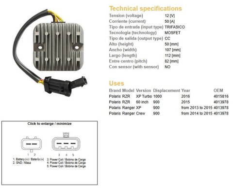 DZE REGULATOR NAPIĘCIA POLARIS RANGER 900 '13-'15; RZR 900/1000 '15 (50A) (4013978) (ESR829)