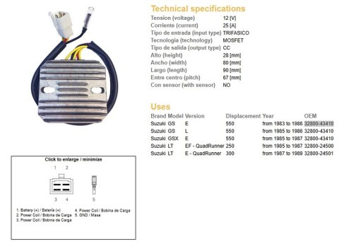 DZE REGULATOR NAPIĘCIA SUZUKI GS 550E/L '83-'86; GSX 550E '85-'87; LT 250EF QUADRUNNER '85-'87; LT 300E QUADRUNNER '87-89 (ESR11 DZE REGULATOR NAPIĘCIA SUZUKI GS 550E/L '83-'86; GSX 550E '85-'87; LT 250EF QUADRUNNER '85-'87; LT 300E QUADRUNNER '87-89 (ESR11
