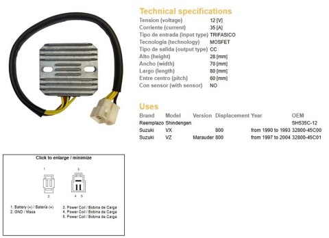 DZE REGULATOR NAPIĘCIA SUZUKI VZ 800 MARAUDER '97-'04, VX 800 '90-'93 (SH535C-12) (32800-45C00, 32800-45C01) (ESR560)