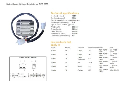 DZE REGULATOR NAPIĘCIA YAMAHA XV 700 VIRAGO '84-'85; XV 750 VIRAGO '81-'83; XV 920 VIRAGO '81-'83; XV 1000SE '83-'85; XZ 550 VIS DZE REGULATOR NAPIĘCIA YAMAHA XV 700 VIRAGO '84-'85; XV 750 VIRAGO '81-'83; XV 920 VIRAGO '81-'83; XV 1000SE '83-'85; XZ 550 VIS