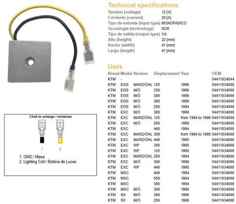DZE REGULATOR NAPIĘCIA KTM EGS 125/250/300/360 '94- '96; EXC 125/250/300/360 '94-'96; MXC 300/440/550 '94, SX 250/360 '96 (OEM 5 DZE REGULATOR NAPIĘCIA KTM EGS 125/250/300/360 '94- '96; EXC 125/250/300/360 '94-'96; MXC 300/440/550 '94, SX 250/360 '96 (OEM 5