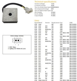 DZE REGULATOR NAPIĘCIA KTM EGS 125/250/300/360 '96; EXC 125/200/250/300/380 '98-'99, SC 620 '94-'98; TXC 400/620 '98 (OEM 580110