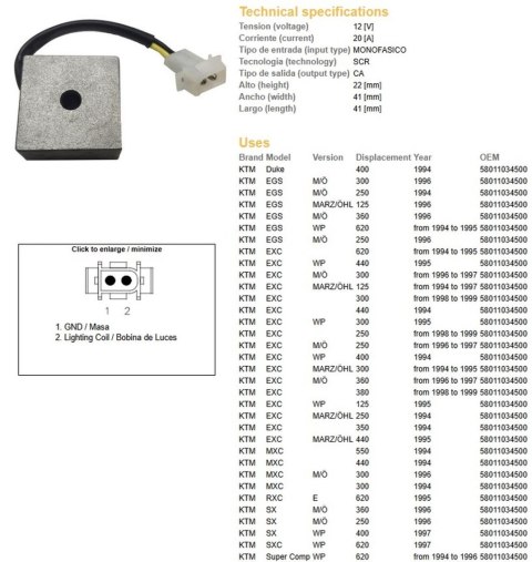 DZE REGULATOR NAPIĘCIA KTM EGS 125/250/300/360 '96; EXC 125/200/250/300/380 '98-'99, SC 620 '94-'98; TXC 400/620 '98 (OEM 580110 DZE REGULATOR NAPIĘCIA KTM EGS 125/250/300/360 '96; EXC 125/200/250/300/380 '98-'99, SC 620 '94-'98; TXC 400/620 '98 (OEM 580110