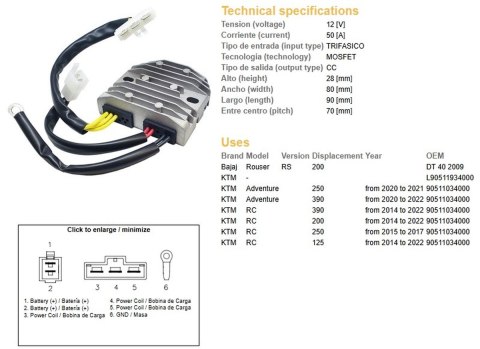 DZE REGULATOR NAPIĘCIA KTM RC 125 '14-'22; RC 200 '14-'22; RC 250 '15-'17; 250 ADVENTURE '20-'21; 390 ADVENTURE '20-'22 (OEM 905 DZE REGULATOR NAPIĘCIA KTM RC 125 '14-'22; RC 200 '14-'22; RC 250 '15-'17; 250 ADVENTURE '20-'21; 390 ADVENTURE '20-'22 (OEM 905