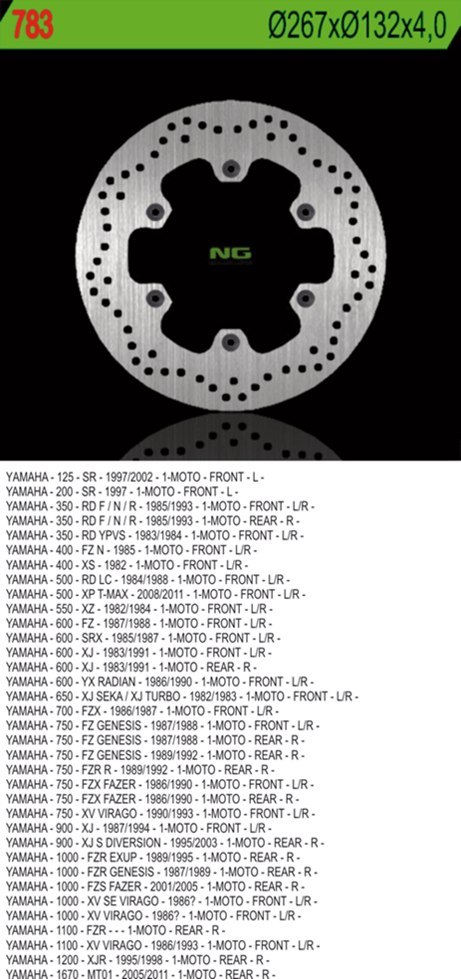 NG TARCZA HAMULCOWA PRZÓD/TYŁ YAMAHA XJ 600/900, XJR1300, MT01, XV 750/1100 (267X132X4) (6x8,25mm) NG TARCZA HAMULCOWA PRZÓD/TYŁ YAMAHA XJ 600/900, XJR1300, MT01, XV 750/1100 (267X132X4) (6x8,25mm)