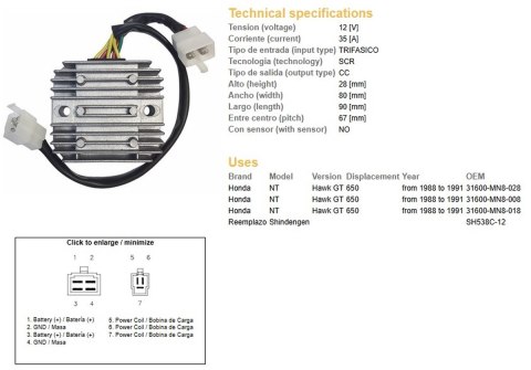 DZE REGULATOR NAPIĘCIA HONDA NT V650 '88-'91 12V 35A (SH538C-12) (31600-MN8-008) (31600-MN8-028) (ESR252) DZE REGULATOR NAPIĘCIA HONDA NT V650 '88-'91 12V 35A (SH538C-12) (31600-MN8-008) (31600-MN8-028) (ESR252)