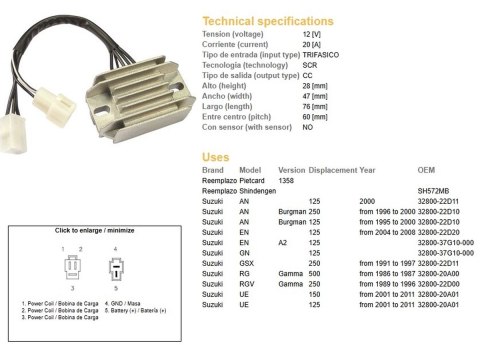 DZE REGULATOR NAPIĘCIA SUZUKI AN 125/250 BURGMAN '95-'00; EN 125; GN 125; UE 125/150 '01-'11 (32800-22D11, 32800-22D10, 32800-37 DZE REGULATOR NAPIĘCIA SUZUKI AN 125/250 BURGMAN '95-'00; EN 125; GN 125; UE 125/150 '01-'11 (32800-22D11, 32800-22D10, 32800-37