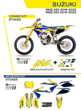 UFO KOMPLET PLASTIKÓW SUKIT418102 PLUS KOMPLET NAKLEJEK (OKLEIN) SUZUKI RMZ 250 '19-'22; RMZ 450 '18-'22 W ZESTAWIE PRZEDNIA TAB