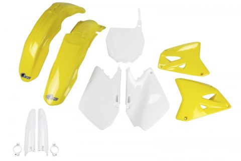 UFO KOMPLET PLASTIKÓW (FULL KIT) Z OSŁONAMI TELESKOPÓW (AMORTYZATORÓW) SUZUKI RM 125 '01-'22, RM 250 '01-'22 KOLOR OEM (BIAŁY/ŻÓ UFO KOMPLET PLASTIKÓW (FULL KIT) Z OSŁONAMI TELESKOPÓW (AMORTYZATORÓW) SUZUKI RM 125 '01-'22, RM 250 '01-'22 KOLOR OEM (BIAŁY/ŻÓ
