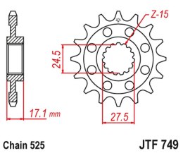 JT ZĘBATKA PRZEDNIA 2249 16 Z GUMĄ DUCATI PANIGALE 1199/1299 '12-'16 (224916JT) (ŁAŃC.525)