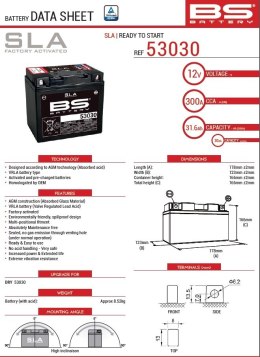 BS AKUMULATOR 53030 (52515) (FA) 12V 31,6AH 178X123X166 BEZOBSŁUGOWY - ZALANY (300A) BMW R60/6/7 69-84, R65 84-95, R75/6/7 69-84