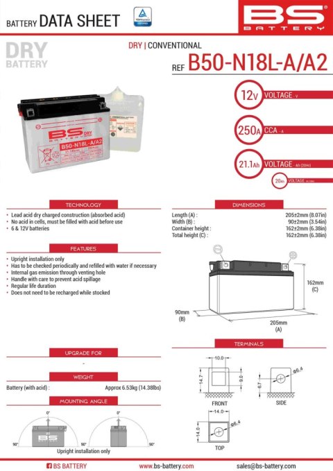 BS AKUMULATOR B50-N18L-A/A2 (Y50-N18L-A/A2) 12V 20AH 205X90X162 OBSŁUGOWY - ELEKTROLIT OSOBNO 250A (2) UE2019/1148 BS AKUMULATOR B50-N18L-A/A2 (Y50-N18L-A/A2) 12V 20AH 205X90X162 OBSŁUGOWY - ELEKTROLIT OSOBNO 250A (2) UE2019/1148
