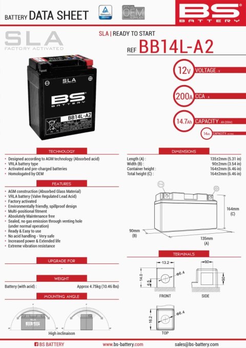BS AKUMULATOR BB14L-A2 (FA) (YB14L-A2,YB14L-B2) 12V 14AH 135X91X167 BEZOBSŁUGOWY - ZALANY (210A) (4) - ZASTĘPUJE 300835 BS AKUMULATOR BB14L-A2 (FA) (YB14L-A2,YB14L-B2) 12V 14AH 135X91X167 BEZOBSŁUGOWY - ZALANY (210A) (4) - ZASTĘPUJE 300835