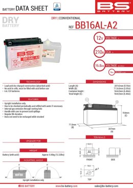 BS AKUMULATOR BB16AL-A2 (YB16ALA2) 12V 16AH 205X71X164 OBSŁUGOWY - ELEKTROLIT OSOBNO (175A) (3) UE2019/1148