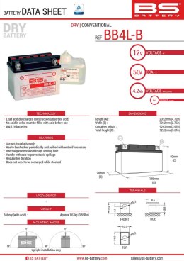 BS AKUMULATOR BB4L-B (YB4L-B) 12V 4AH 121X71X93 OBSŁUGOWY - ELEKTROLIT OSOBNO (56A) (8) UE2019/1148