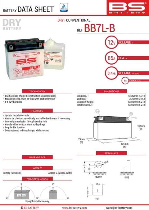 BS AKUMULATOR BB7L-B (YB7L-B) (12N7-3B) (YB7L-B2) 12V 8AH 135X75X133 OBSŁUGOWY - ELEKTROLIT OSOBNO (85A) (6) UE2019/1148 (310595 BS AKUMULATOR BB7L-B (YB7L-B) (12N7-3B) (YB7L-B2) 12V 8AH 135X75X133 OBSŁUGOWY - ELEKTROLIT OSOBNO (85A) (6) UE2019/1148 (310595