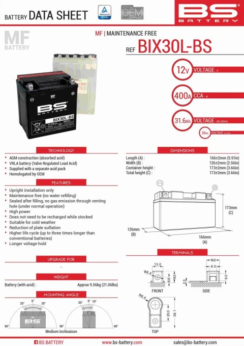 BS AKUMULATOR BIX30L-BS (YTX30L-BS) 12V 30AH 165X125X175 BEZOBSŁUGOWY - ELEKTROLIT OSOBNO (400A) (2) UE2019/1148 BS AKUMULATOR BIX30L-BS (YTX30L-BS) 12V 30AH 165X125X175 BEZOBSŁUGOWY - ELEKTROLIT OSOBNO (400A) (2) UE2019/1148