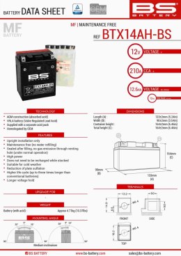 BS AKUMULATOR BTX14AH-BS (YTX14AH-BS) 12V 12AH 134X89X166 BEZOBSŁUGOWY - ELEKTROLIT OSOBNO (210A) (4) UE2019/1148