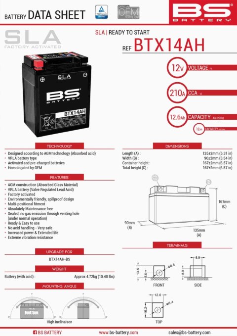 BS AKUMULATOR BTX14AH (FA) (YTX14AH-BS) 12V 12AH 135X90X167 BEZOBSŁUGOWY - ZALANY (210A) (4) BS AKUMULATOR BTX14AH (FA) (YTX14AH-BS) 12V 12AH 135X90X167 BEZOBSŁUGOWY - ZALANY (210A) (4)
