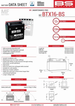 BS AKUMULATOR BTX16-BS (YTX16-BS) 12V 14AH 152X88X161 BEZOBSŁUGOWY - ELEKTROLIT OSOBNO (230A) (4) UE2019/1148