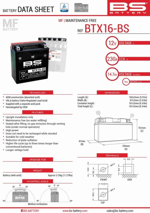 BS AKUMULATOR BTX16-BS (YTX16-BS) 12V 14AH 152X88X161 BEZOBSŁUGOWY - ELEKTROLIT OSOBNO (230A) (4) UE2019/1148 BS AKUMULATOR BTX16-BS (YTX16-BS) 12V 14AH 152X88X161 BEZOBSŁUGOWY - ELEKTROLIT OSOBNO (230A) (4) UE2019/1148