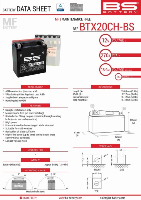 BS AKUMULATOR BTX20CH-BS (YTX20CH-BS, YTX20A-BS) 12V 18AH 150X87X161 BEZOBSŁUGOWY - ELEKTROLIT OSOBNO (270A) (2) UE2019/1148 (30 BS AKUMULATOR BTX20CH-BS (YTX20CH-BS, YTX20A-BS) 12V 18AH 150X87X161 BEZOBSŁUGOWY - ELEKTROLIT OSOBNO (270A) (2) UE2019/1148 (30