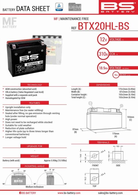 BS AKUMULATOR BTX20HL-BS (YTX20HL-BS) 175X87X155 BEZOBSŁUGOWY - ELEKTROLIT OSOBNO (310A) (2) UE2019/1148 BS AKUMULATOR BTX20HL-BS (YTX20HL-BS) 175X87X155 BEZOBSŁUGOWY - ELEKTROLIT OSOBNO (310A) (2) UE2019/1148