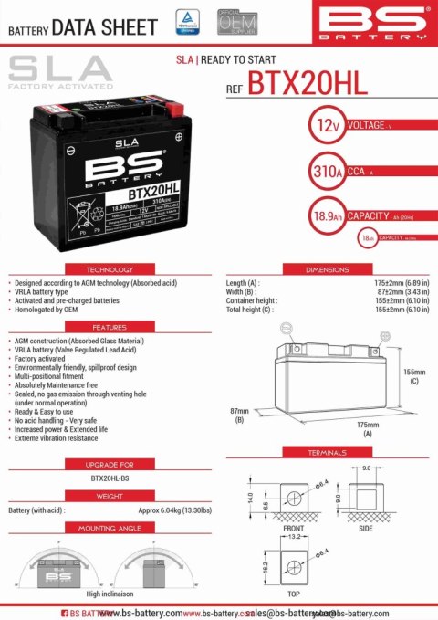 BS AKUMULATOR BTX20HL (FA) (YTX20HL-BS) 12V 18AH 175X87X155 BEZOBSŁUGOWY - ZALANY (310A) (4) BS AKUMULATOR BTX20HL (FA) (YTX20HL-BS) 12V 18AH 175X87X155 BEZOBSŁUGOWY - ZALANY (310A) (4)