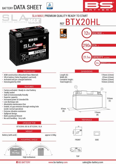 BS AKUMULATOR BTX20HL MAX (FA) (YTX20HL-BS) 12V 20AH 176X87X153 BEZOBSŁUGOWY - ZALANY (ZWIĘKSZONY PRĄD ROZRUCHOWY) (310A) - ZAST BS AKUMULATOR BTX20HL MAX (FA) (YTX20HL-BS) 12V 20AH 176X87X153 BEZOBSŁUGOWY - ZALANY (ZWIĘKSZONY PRĄD ROZRUCHOWY) (310A) - ZAST