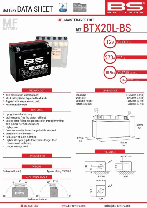 BS AKUMULATOR BTX20L-BS (YTX20L-BS) 12V 18AH 175X86X154 BEZOBSŁUGOWY - ELEKTROLIT OSOBNO (270A) (2) UE2019/1148 BS AKUMULATOR BTX20L-BS (YTX20L-BS) 12V 18AH 175X86X154 BEZOBSŁUGOWY - ELEKTROLIT OSOBNO (270A) (2) UE2019/1148