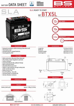 BS AKUMULATOR BTX5L / BTZ6S (FA) (YTX5L-BS) 12V 5.3AH 113X70X106 BEZOBSŁUGOWY - ZALANY (90A) (8)