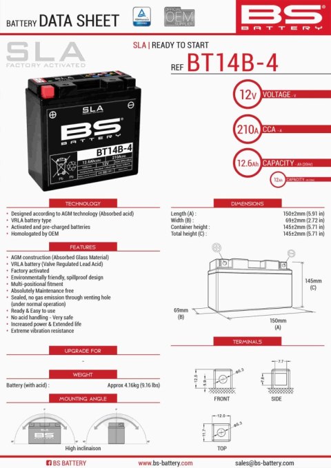 BS AKUMULATOR BT14B-4 (FA) (YT14B4) 12V 12AH 150X69X145 BEZOBSŁUGOWY - ZALANY (210A) (4) BS AKUMULATOR BT14B-4 (FA) (YT14B4) 12V 12AH 150X69X145 BEZOBSŁUGOWY - ZALANY (210A) (4)