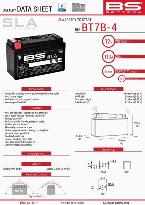 BS AKUMULATOR BT7B-4 (FA) (YT7B4) 12V 6,5AH 148X64X90 BEZOBSŁUGOWY - ZALANY (85A) (8) BS AKUMULATOR BT7B-4 (FA) (YT7B4) 12V 6,5AH 148X64X90 BEZOBSŁUGOWY - ZALANY (85A) (8)