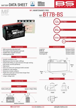 BS AKUMULATOR BT7B-BS (YT7B-BS) 12V 6,5AH 150X65X93 BEZOBSŁUGOWY - ELEKTROLIT OSOBNO (85A) (8) UE2019/1148