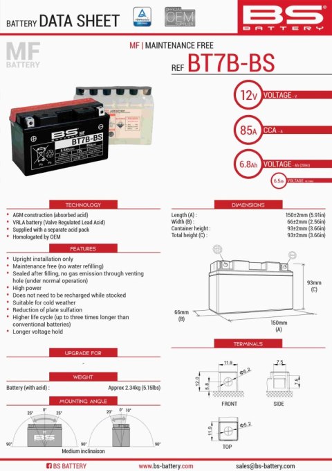 BS AKUMULATOR BT7B-BS (YT7B-BS) 12V 6,5AH 150X65X93 BEZOBSŁUGOWY - ELEKTROLIT OSOBNO (85A) (8) UE2019/1148 BS AKUMULATOR BT7B-BS (YT7B-BS) 12V 6,5AH 150X65X93 BEZOBSŁUGOWY - ELEKTROLIT OSOBNO (85A) (8) UE2019/1148