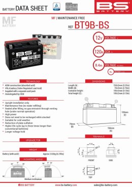 BS AKUMULATOR BT9B-BS (YT9B-BS) 12V 8AH 150X70X105 BEZOBSŁUGOWY - ELEKTROLIT OSOBNO (120A) (6) UE2019/1148