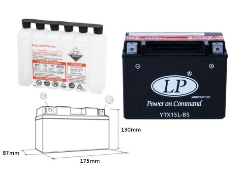 LANDPORT AKUMULATOR YTX15L-BS (MA LTX15L-BS) 12V 12AH 175X87X130 BEZOBSŁUGOWY - ELEKTROLIT OSOBNO (2) UE2019/1148 LANDPORT AKUMULATOR YTX15L-BS (MA LTX15L-BS) 12V 12AH 175X87X130 BEZOBSŁUGOWY - ELEKTROLIT OSOBNO (2) UE2019/1148