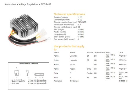 DZE REGULATOR NAPIĘCIA BMW F 650F/ST '93-'00; APRILIA 650 PEGASO '96-04; LEONARDO 250/300ST '99-'05 (SH532B-12) (61312346432, AP DZE REGULATOR NAPIĘCIA BMW F 650F/ST '93-'00; APRILIA 650 PEGASO '96-04; LEONARDO 250/300ST '99-'05 (SH532B-12) (61312346432, AP