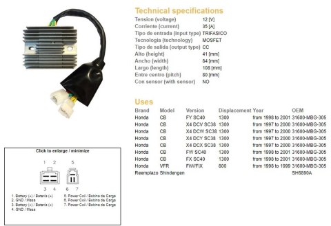 DZE REGULATOR NAPIĘCIA HONDA CB 1300 '97-'01; VFR 800 '98-'99 (SC38, SC40), VFR800 98-99 (31600-MBG-305) (SH6890A)