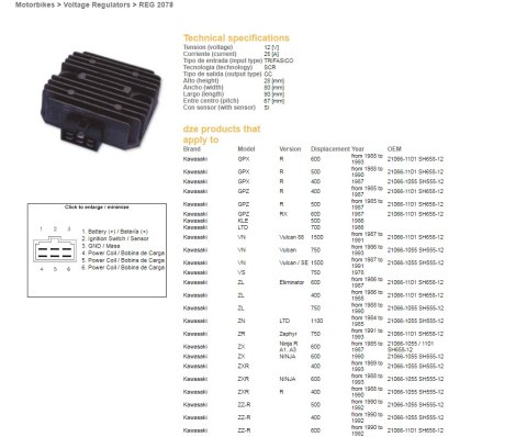 DZE REGULATOR NAPIĘCIA KAWASAKI VN 750/1500; ZN 700/1100; ZR 750 '91-'93; ZX 400/550/600; ZZ-R 400/500/600 (RGU-403, ESR260) (21 DZE REGULATOR NAPIĘCIA KAWASAKI VN 750/1500; ZN 700/1100; ZR 750 '91-'93; ZX 400/550/600; ZZ-R 400/500/600 (RGU-403, ESR260) (21