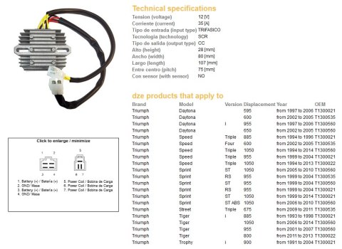 DZE REGULATOR NAPIĘCIA TRIUMPH DAYTONA 600/650 '02-'05; DAYTONA 955I '97-'06; SPRINT 955RS/ST '99-'04; SPRINT 1050 '06-'14; STRE DZE REGULATOR NAPIĘCIA TRIUMPH DAYTONA 600/650 '02-'05; DAYTONA 955I '97-'06; SPRINT 955RS/ST '99-'04; SPRINT 1050 '06-'14; STRE