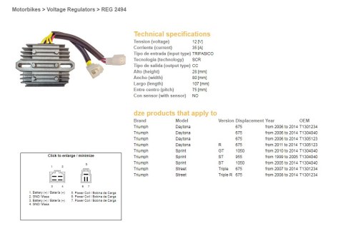 DZE REGULATOR NAPIĘCIA TRIUMPH DAYTONA 675 '06-'14; SPRINT 995/1050 '99-'14; STREET TRIPLE 675 '07-'14 (T1301234, T1304040, T130 DZE REGULATOR NAPIĘCIA TRIUMPH DAYTONA 675 '06-'14; SPRINT 995/1050 '99-'14; STREET TRIPLE 675 '07-'14 (T1301234, T1304040, T130
