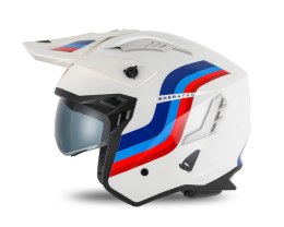 UFO KASK SHERATAN JET / TRIAL Z BLENDĄ PRZECIWSŁONECZNĄ KOLOR BIAŁY NIEBIESKI CZERWONY ROZMIAR XL ( ECE 22R06 ) - KOLEKCJA 2025