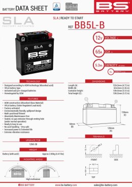BS AKUMULATOR BB5L-B (FA) (YB5L-B) (12N5-3B) 12V 5AH 120X60X130 BEZOBSŁUGOWY - ZALANY (65A) (6)