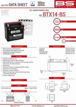 BS AKUMULATOR BTX14-BS (YTX14-BS) 12V 12AH 150X87X145 BEZOBSŁUGOWY - ELEKTROLIT OSOBNO (200A) (4) UE2019/1148