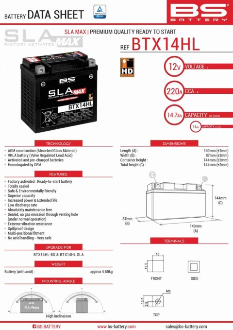 BS AKUMULATOR BTX14HL MAX (FA) (YTX14L-BS) 12V 14AH 149X87X144 BEZOBSŁUGOWY - ZALANY (ZWIĘKSZONY PRĄD ROZRUCHOWY) (220A) (4) - Z BS AKUMULATOR BTX14HL MAX (FA) (YTX14L-BS) 12V 14AH 149X87X144 BEZOBSŁUGOWY - ZALANY (ZWIĘKSZONY PRĄD ROZRUCHOWY) (220A) (4) - Z